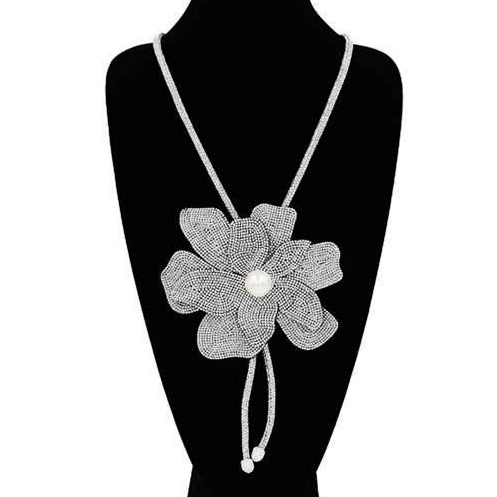 Clear Bling Studded Bolo Tie Pearl Flower Pendant Bold Statement Necklace